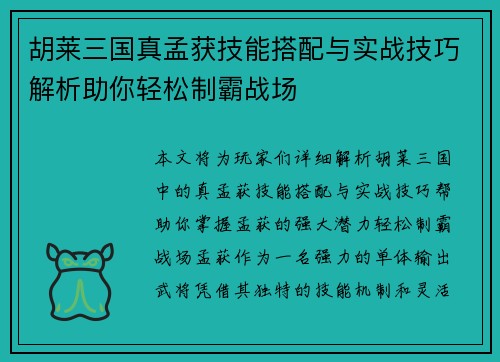 胡莱三国真孟获技能搭配与实战技巧解析助你轻松制霸战场